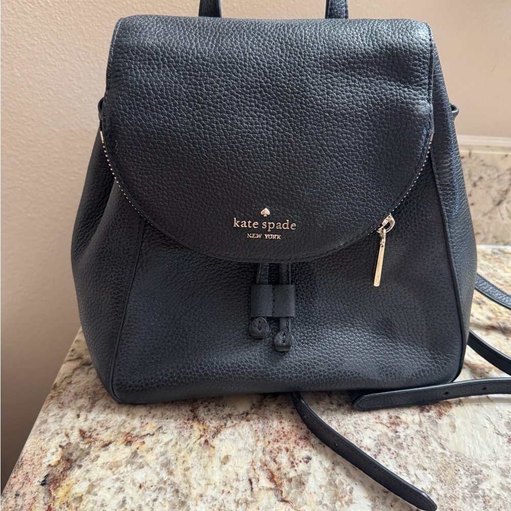 Like New - Kate Spade Black Pebbled Leather Backpack with Gold Accents